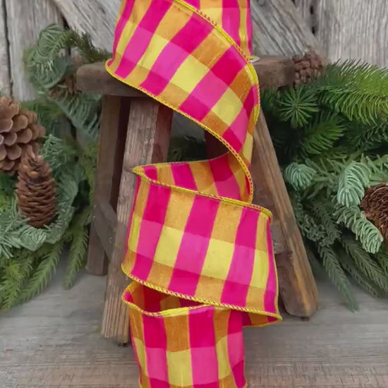 2.5" Hot Pink Yellow Plaid Ribbon, Dupion, Spring Ribbon
