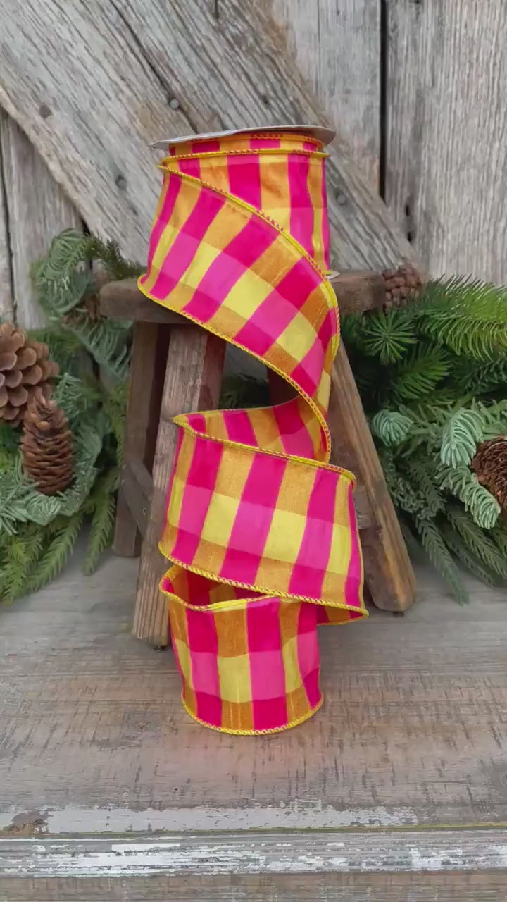 2.5" Hot Pink Yellow Plaid Ribbon, Dupion, Spring Ribbon