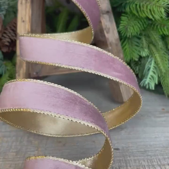 1" Dusty Pink Velvet Ribbon, Pink & Gold Velvet Ribbon, Wired Ribbon