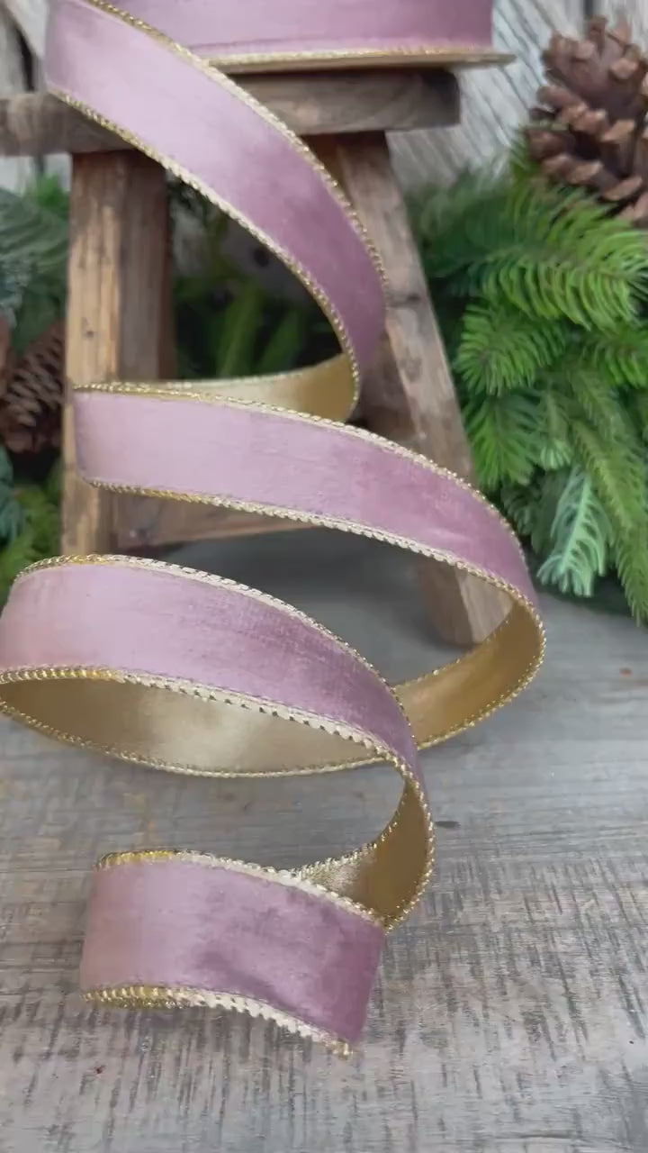 1" Dusty Pink Velvet Ribbon, Pink & Gold Velvet Ribbon, Wired Ribbon