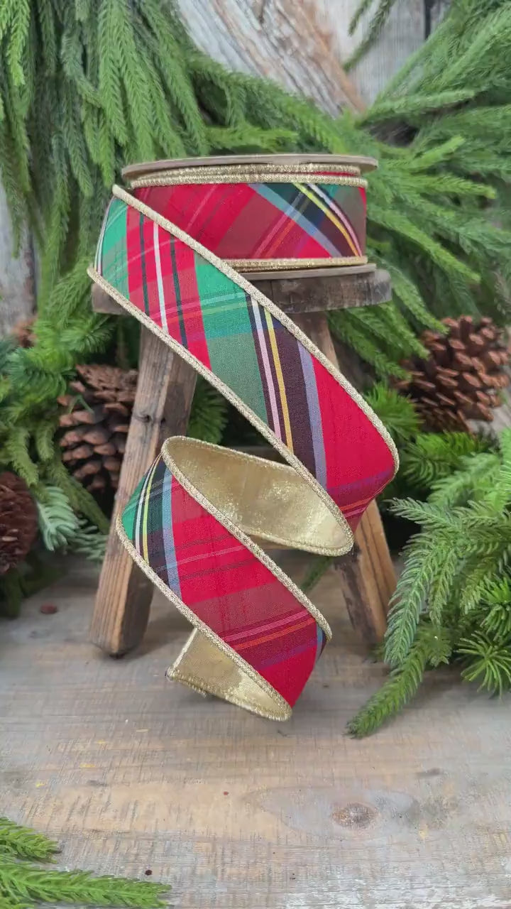 1.5" Dusty Blue Christmas Plaid Ribbon, Traditional Christmas Plaid Ribbon