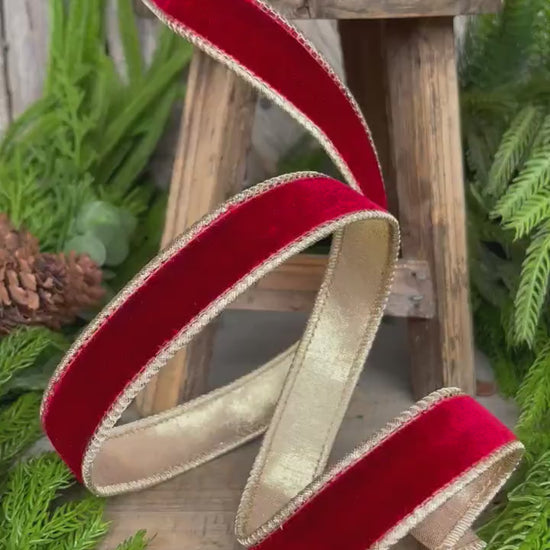 1" Red Plush Velvet RIbbon, Wired Ribbon, Red Velvet Ribbon