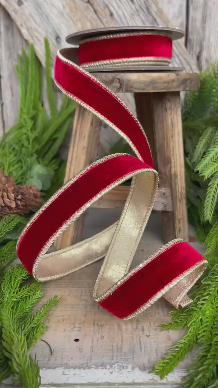 1" Red Plush Velvet RIbbon, Wired Ribbon, Red Velvet Ribbon