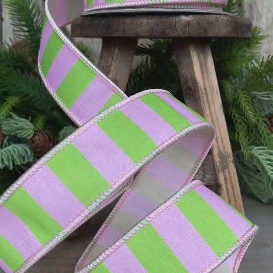 1.5" Pink Green Stripe Ribbon, Wired RIbbon, Pink Wired RIbbon