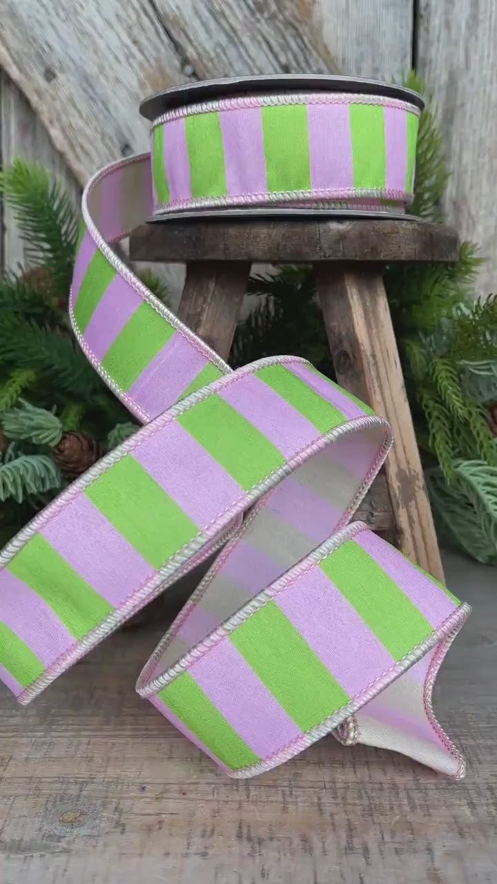 1.5" Pink Green Stripe Ribbon, Wired RIbbon, Pink Wired RIbbon