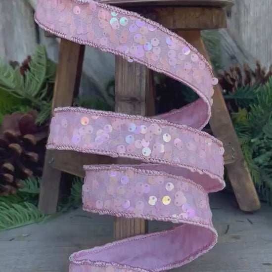 1" Pink Sequin Ribbon, Wired Ribbon, Flashy Sequin Ribbon