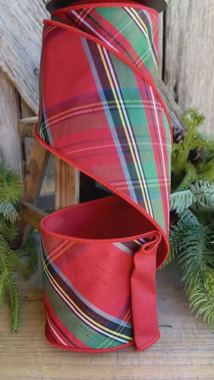 4" Traditional CHristmas Plaid, Wired Ribbon, Red Blue Chirstmas Plaid RIbbon