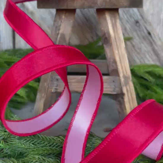 1" Red Pink Satin Duo Ribbon, Farrisilk Ribbon, Christmas Ribbon