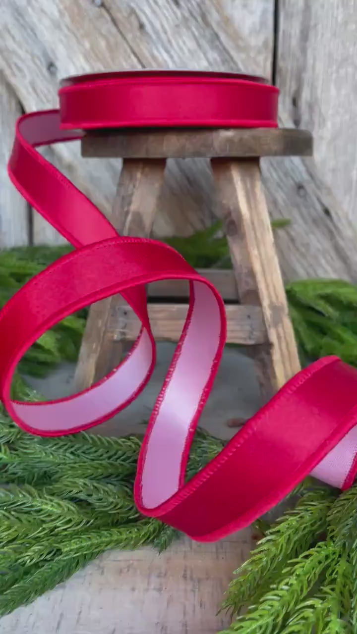1" Red Pink Satin Duo Ribbon, Farrisilk Ribbon, Christmas Ribbon
