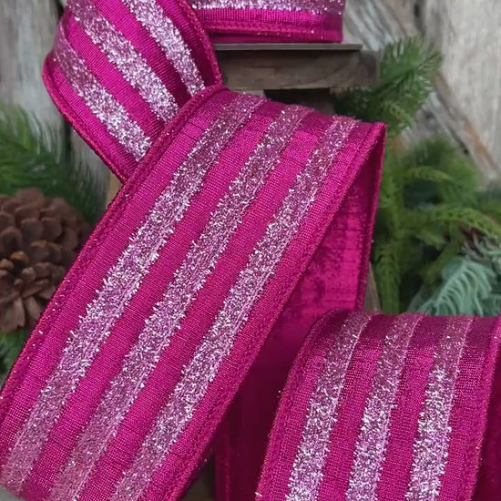 2.5" Hot Pink Tinsel Ribbon, Farrisilk Ribbon, Hot Pink Ribbon for Tree