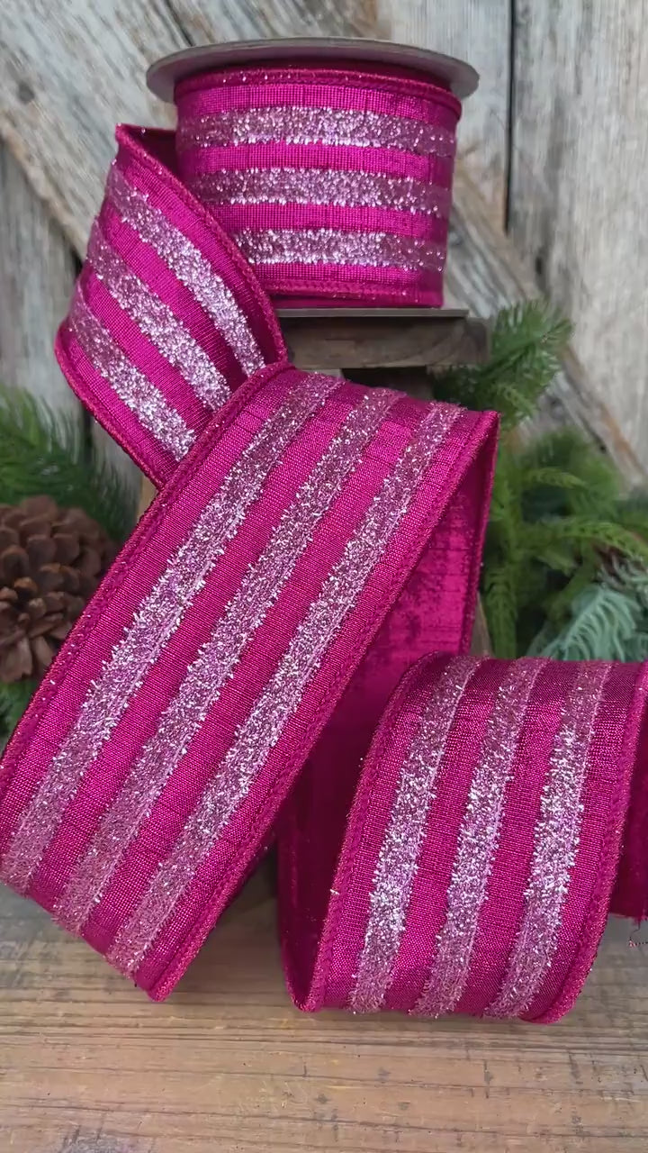 2.5" Hot Pink Tinsel Ribbon, Farrisilk Ribbon, Hot Pink Ribbon for Tree