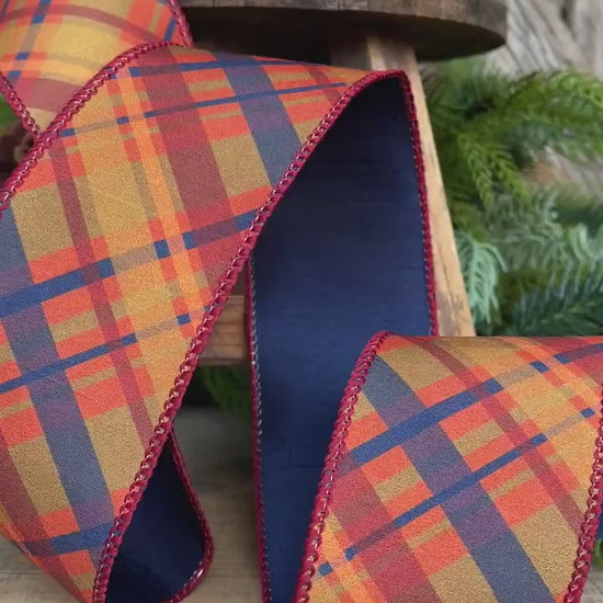 2.5" Fall Plaid Ribbon, Navy Blue Plaid ribbon, Fall Ribbon