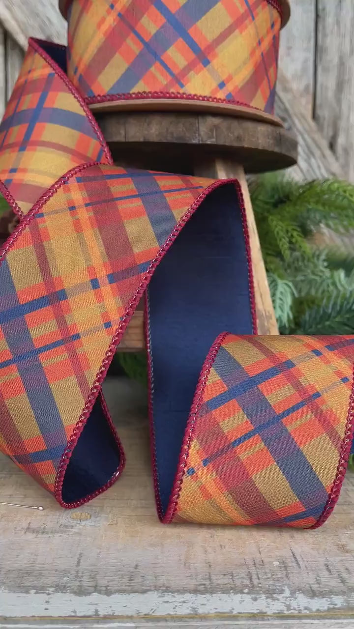 2.5" Fall Plaid Ribbon, Navy Blue Plaid ribbon, Fall Ribbon