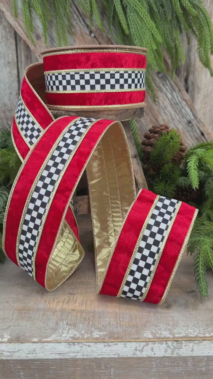 2.5" Red Velvet Black White Check Wired Ribbon | Gold Backing | 10 Yards