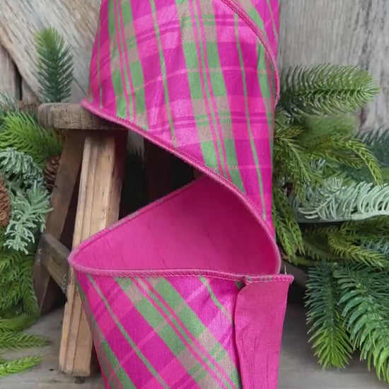 4" Pink and Green Bias Plaid RIbbon, Preppy Ribbon, Bubblegum Pink Plaid Ribbon