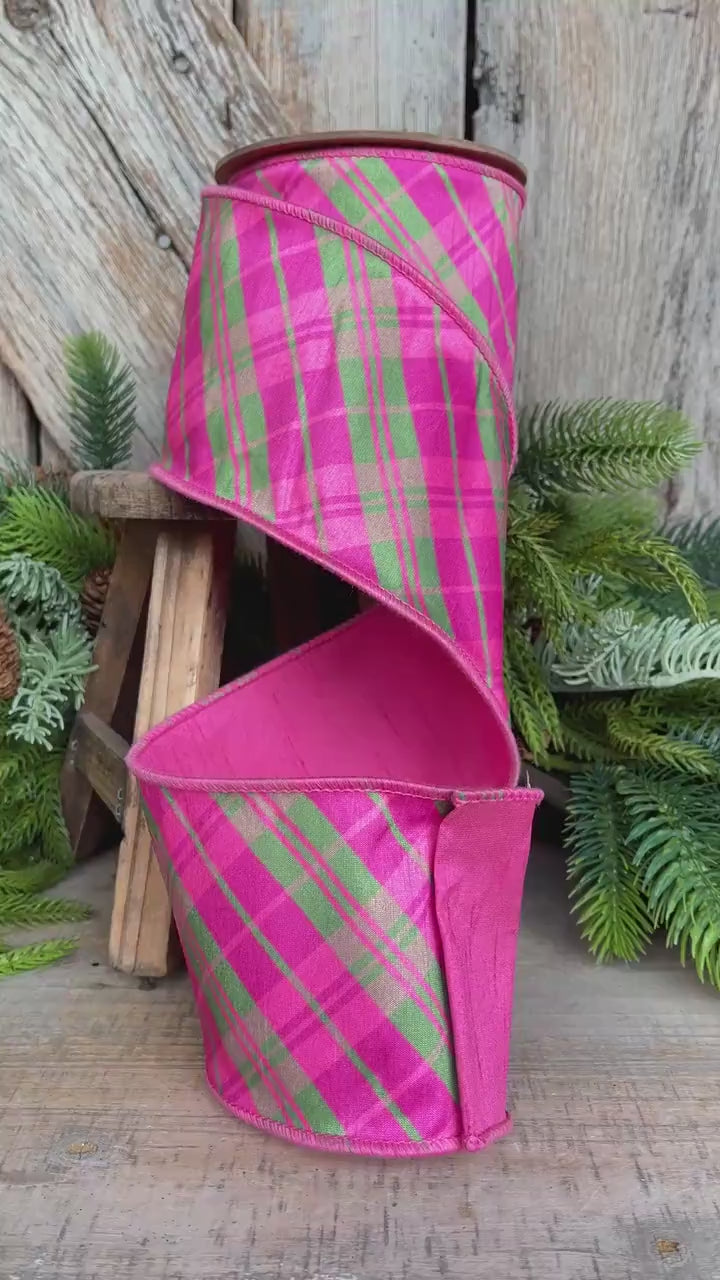 4" Pink and Green Bias Plaid RIbbon, Preppy Ribbon, Bubblegum Pink Plaid Ribbon