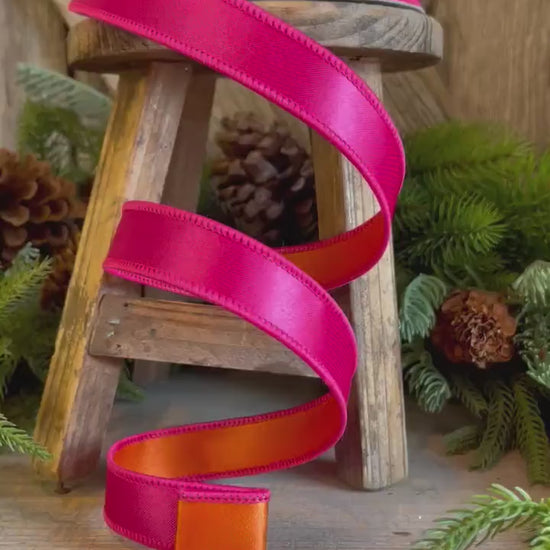 1" Pink Orange Satin Ribbon, Farrisilk Ribbon, Wired Ribbon
