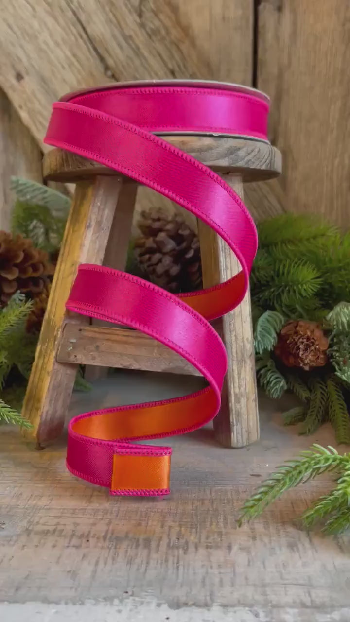 1" Pink Orange Satin Ribbon, Farrisilk Ribbon, Wired Ribbon