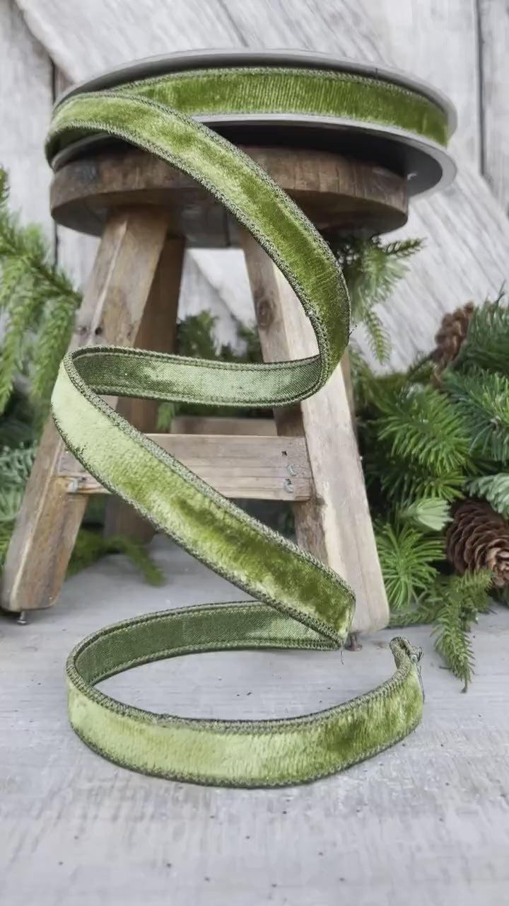 3/4" Forest Green Velvet Ribbon, Farrisilk Ribbon, Wired Ribbon