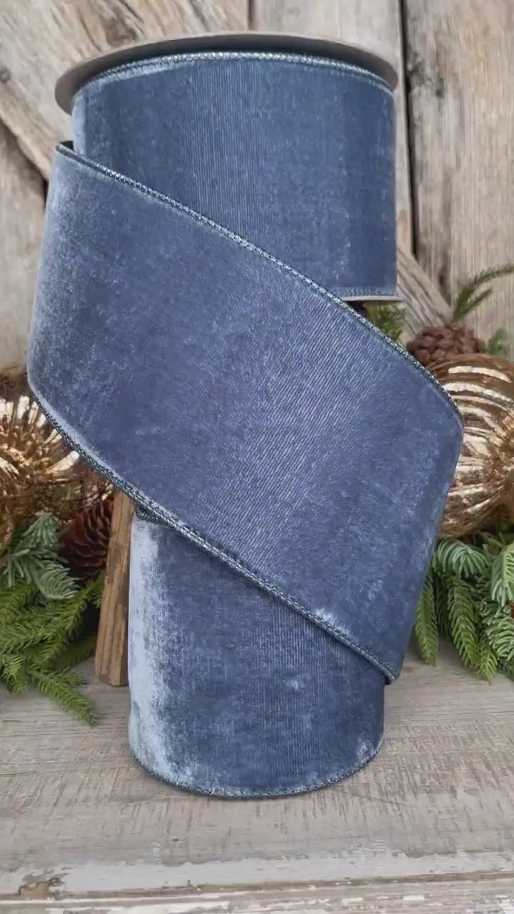 4” Steel Blue Velvet Ribbon, Velvet ribbon, Christmas Ribbon
