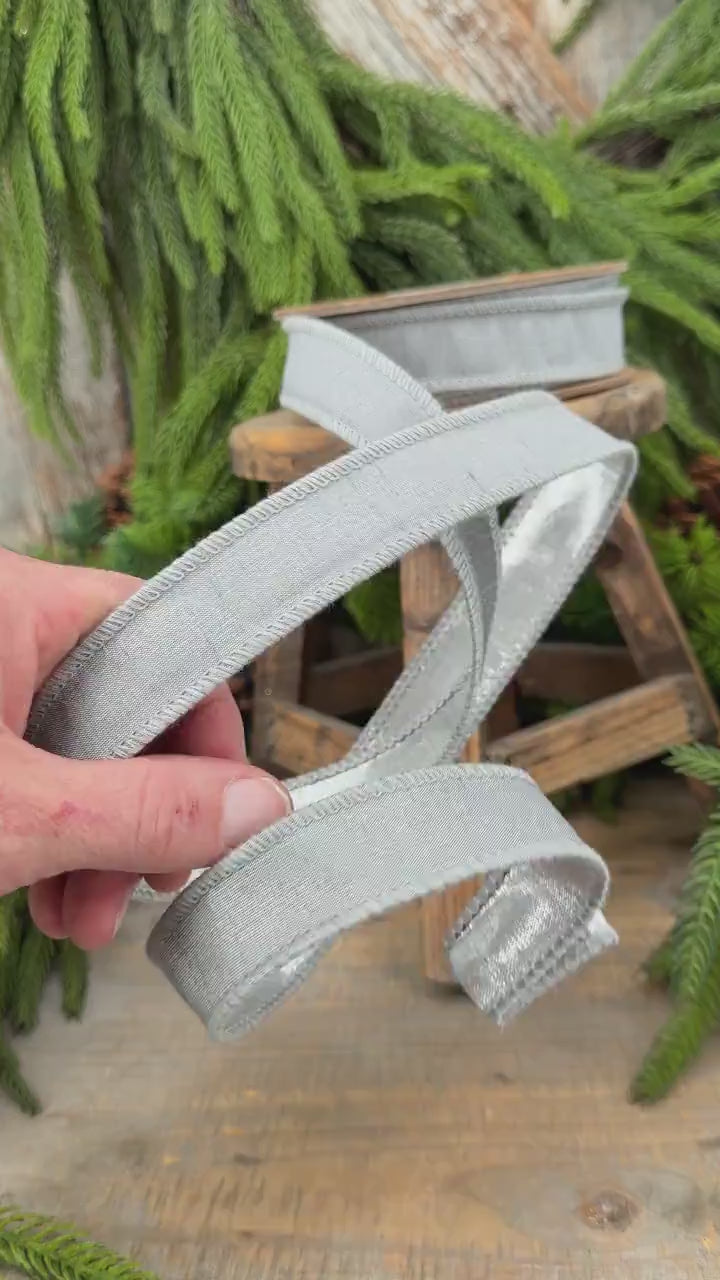 1" Silver Dupioni Wired Ribbon with Metallic Backing