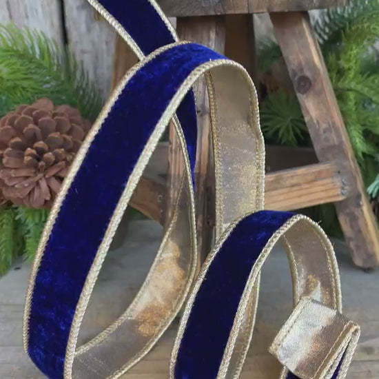 Cobalt Blue Velvet Wired Ribbon: 1" x 5 Yards, Gold Backing