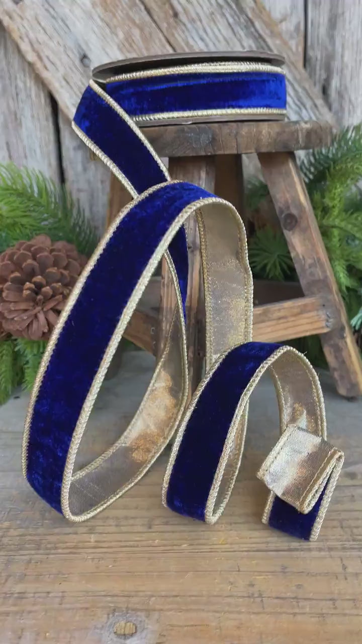 Cobalt Blue Velvet Wired Ribbon: 1" x 5 Yards, Gold Backing