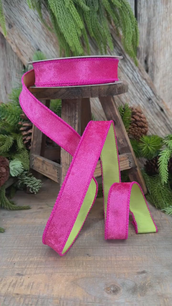 1" Hot Pink Velvet & Lime Green Dupioni Double-Sided Wired Ribbon, 10 Yard Roll