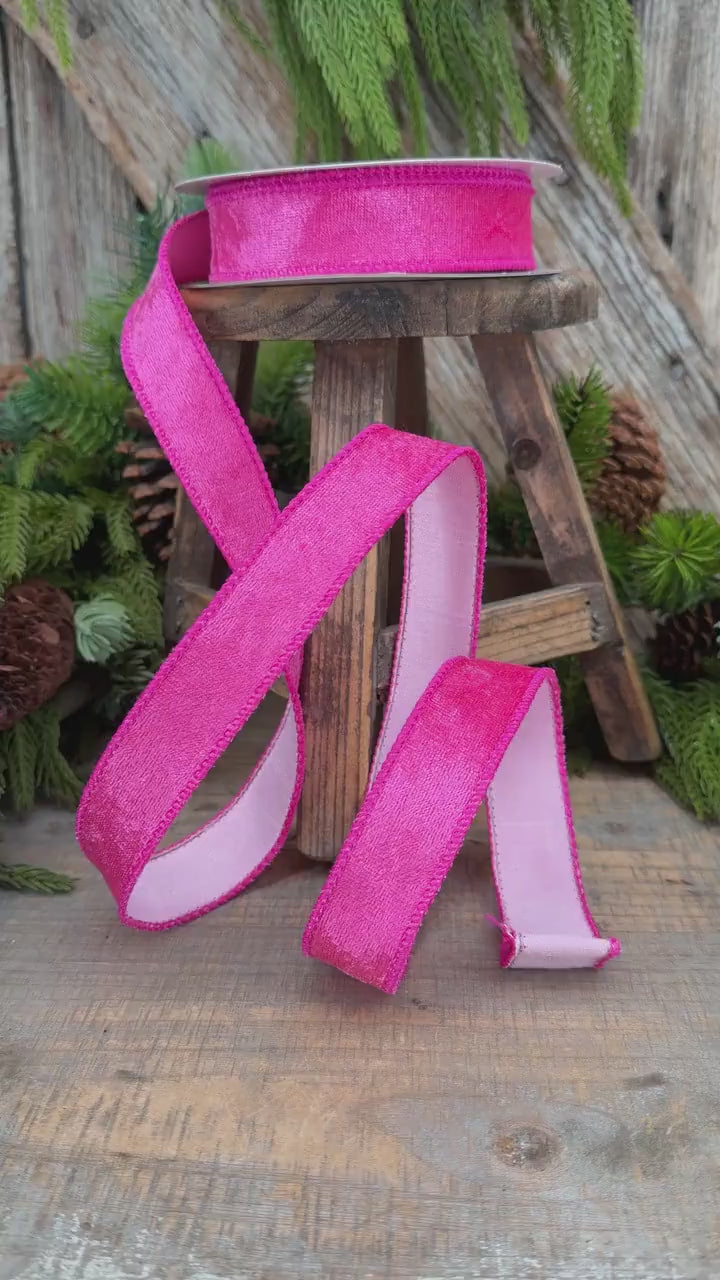 1" Hot Pink Velvet &amp; Pink Dupioni Double-Sided Wired Ribbon, 10 Yard Roll