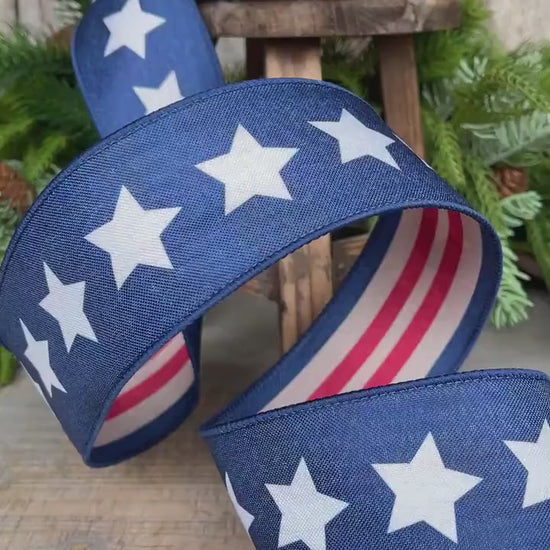 2.5" Patriotic Wired Ribbon, Blue Stars Tea-Stained Red Stripes, Americana Ribbon