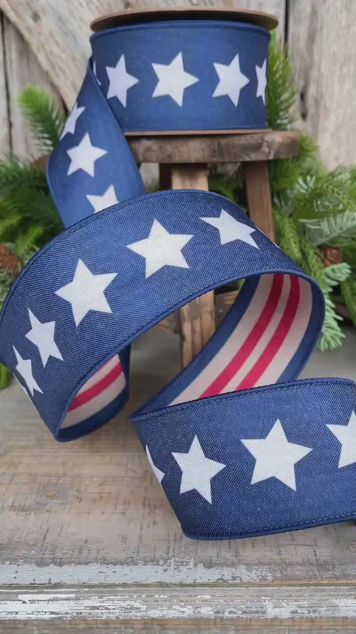 2.5" Patriotic Wired Ribbon, Blue Stars Tea-Stained Red Stripes, Americana Ribbon