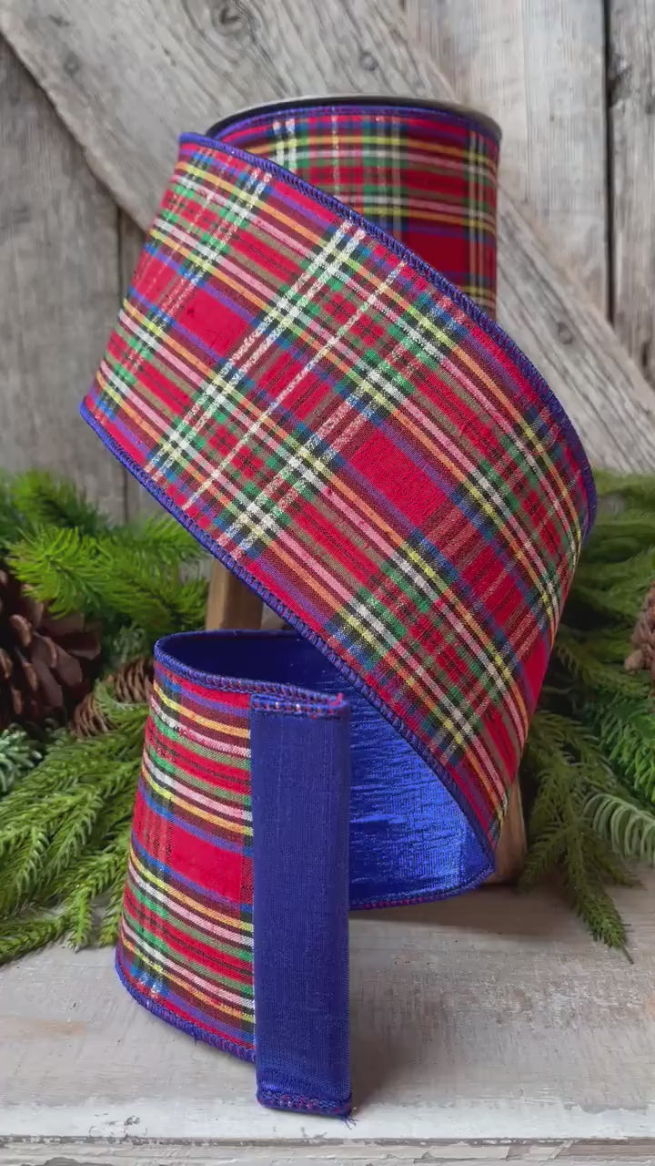 4" Blue Caroler Plaid RIbbon, Farrisilk Ribbon, Plaid RIbbon