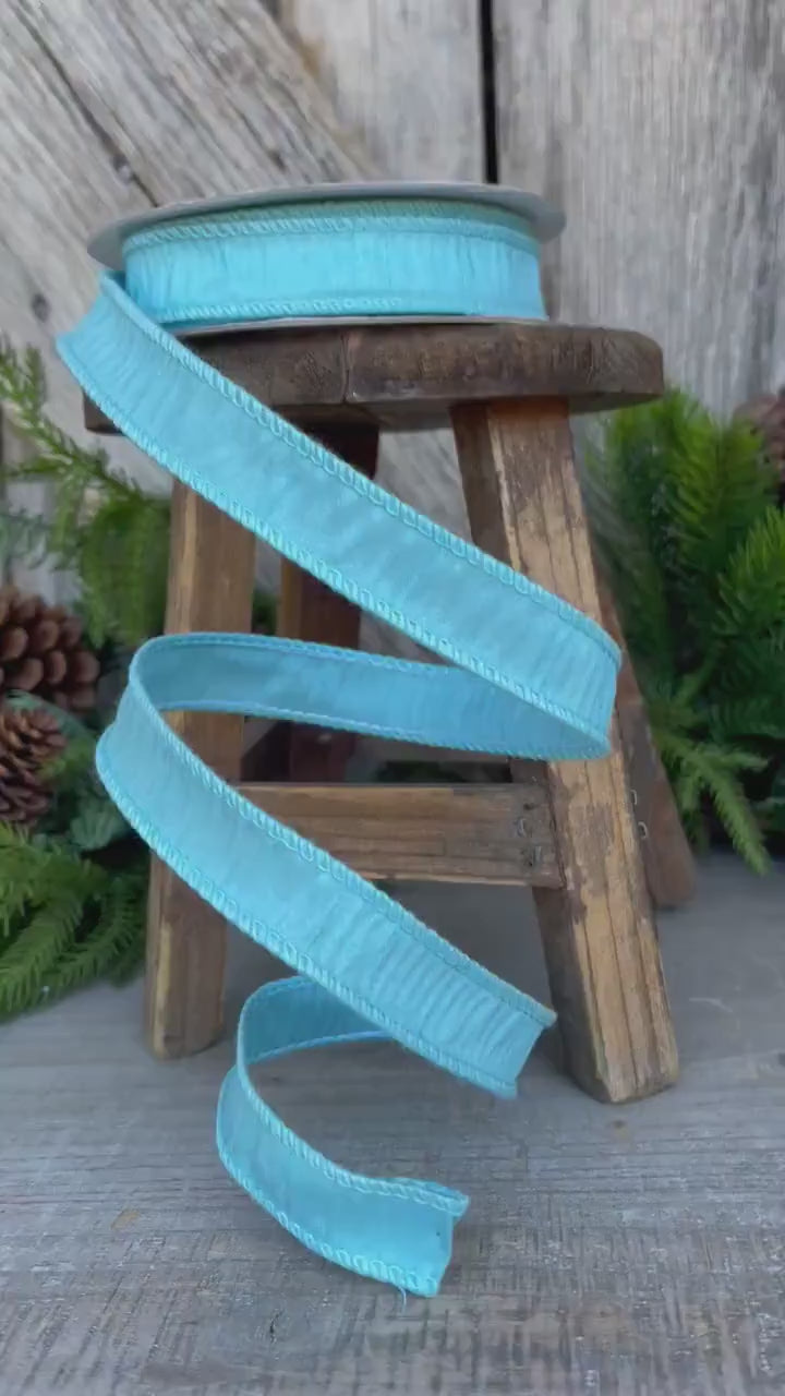 7/8" Aqua Blue Dupioni Ribbon, Wired Ribbon, Narrow Ribbon