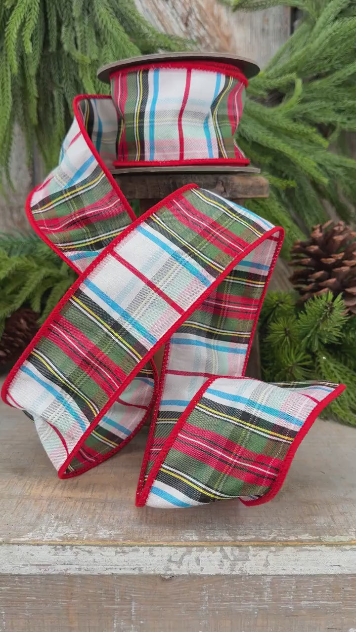 2.5" White Stewart Christmas Plaid Ribbon, Tartan Plaid Ribbon