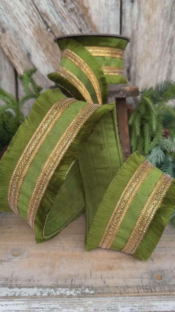 2.5" Moss Green Fringe Ribbon, Fall Ribbon, Christmas Ribbon