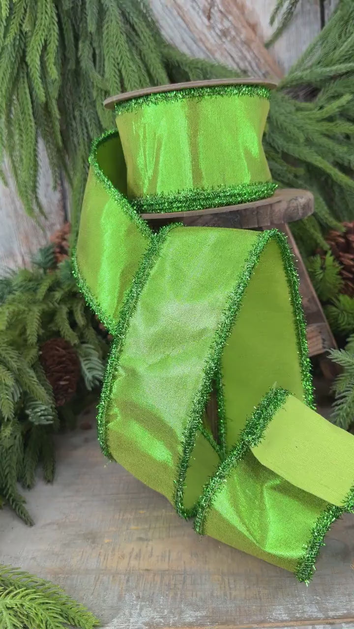 2.5" Metallic Lime Green Dupioni Wired Ribbon with Tinsel Edge, 10 Yard Roll