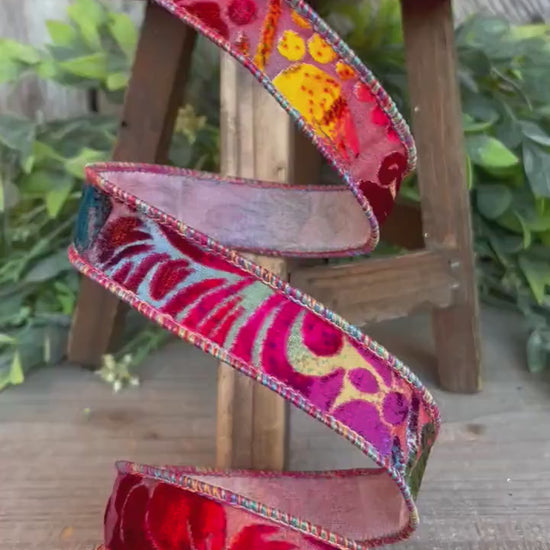 1" Rainbow Velvet Floral Ribbon, Farrisilk Ribbon, Far Out Floral