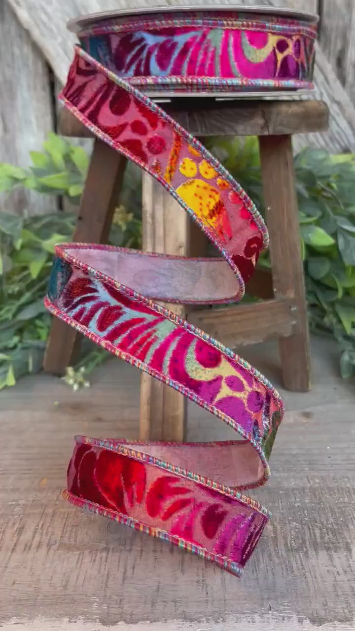 1" Rainbow Velvet Floral Ribbon, Farrisilk Ribbon, Far Out Floral
