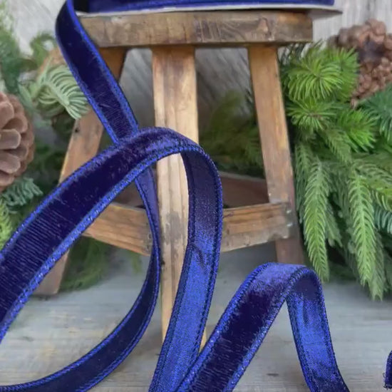 3/4" Navy Blue Velvet Ribbon, Velvet Ribbon, Farrisilk Wired Velvet Ribbon