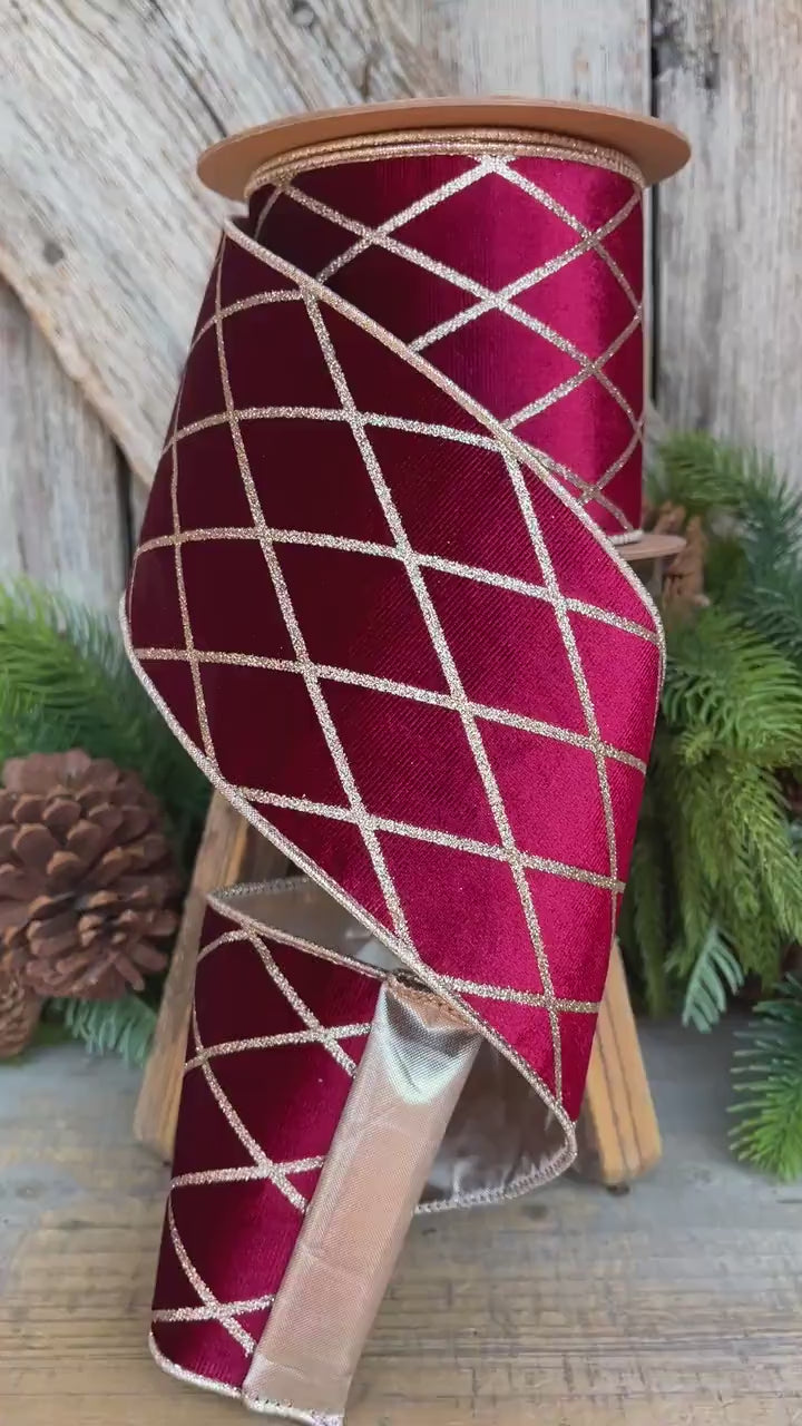 Burgundy Velvet Wired Ribbon, Burgundy Gold Lattice Ribbon Christmas Tree &amp; Holiday Decor, 4" x 10yds