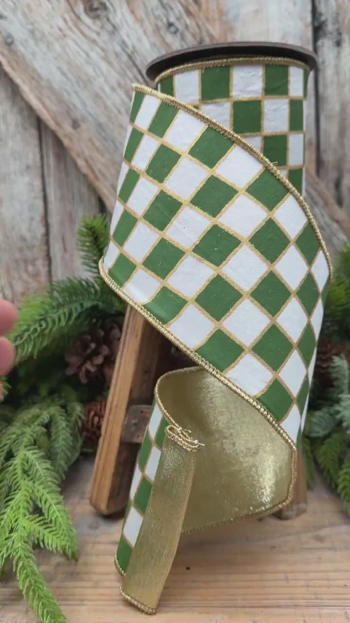 4" Moss Green Check Christmas Ribbon with Gold Backing – Wired Edge