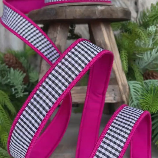 1" Hot Pink & Black White Mini Checkered Ribbon, D Stevens Ribbon, Check Ribbon