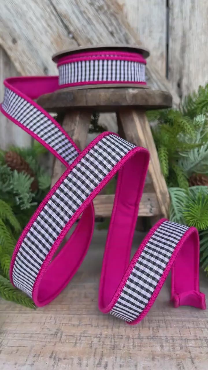 1" Hot Pink & Black White Mini Checkered Ribbon, D Stevens Ribbon, Check Ribbon