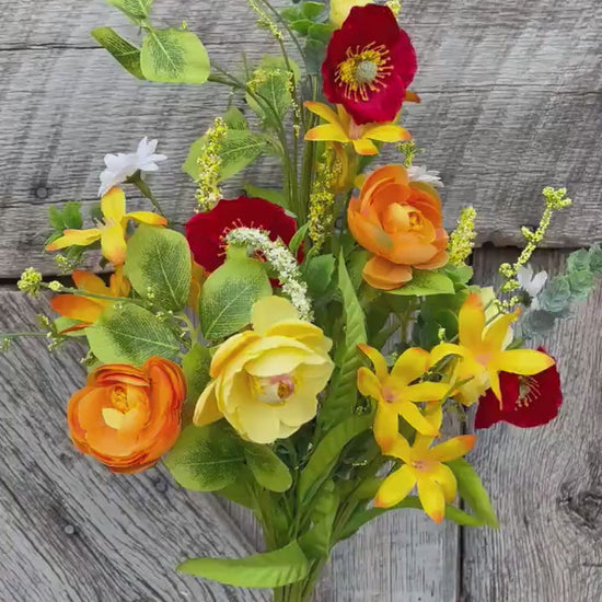 18" Yellow Red Ranunculus Poppy Bush, Spring Bush, Bright Floral Bush