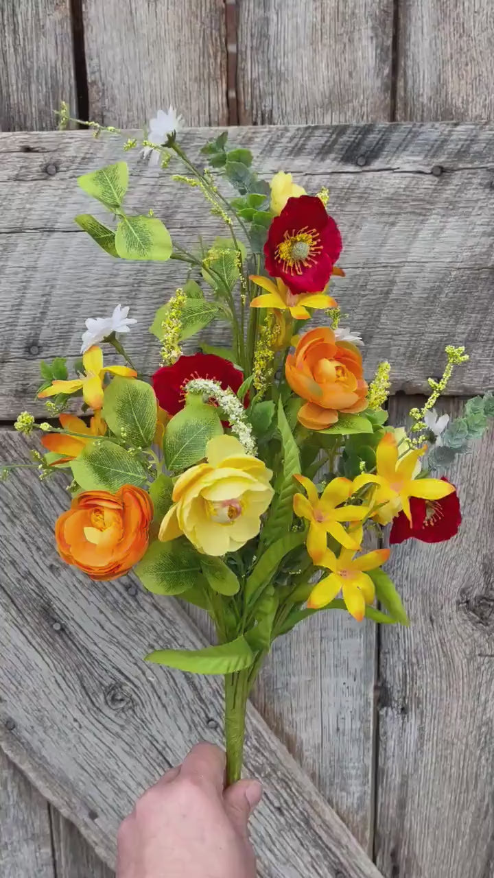 18" Yellow Red Ranunculus Poppy Bush, Spring Bush, Bright Floral Bush