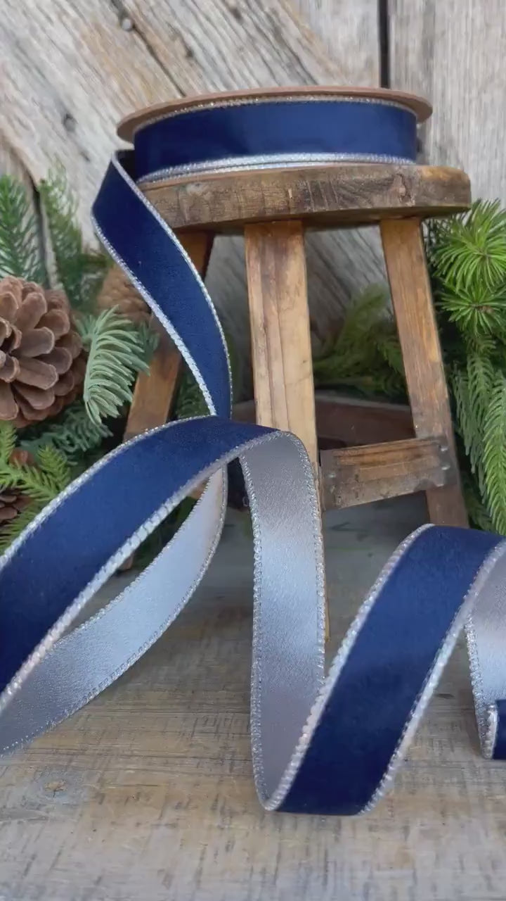 1" Navy Blue Velvet Ribbon, Navy Velvet Ribbon, Wired Ribbon