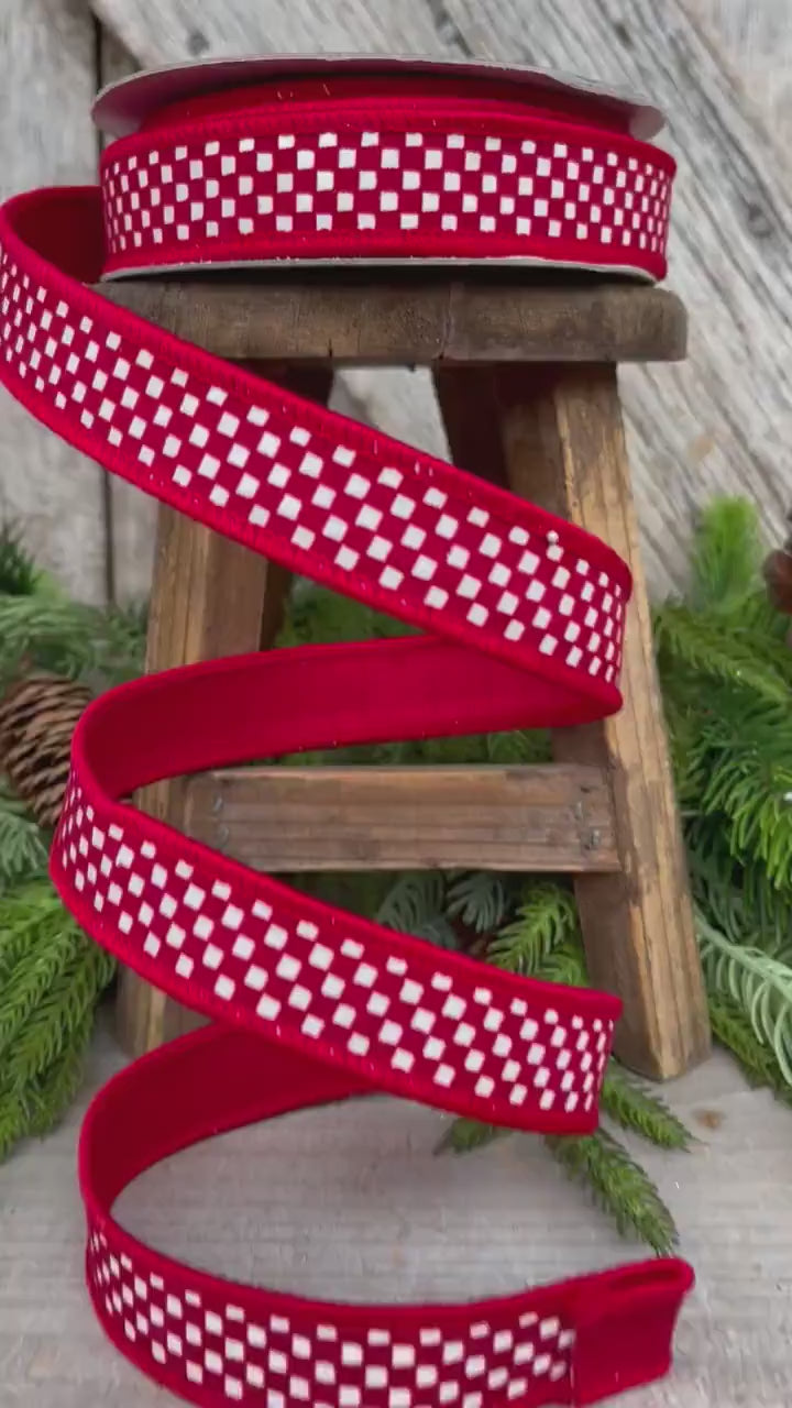 1" Red Mini Checkered Ribbon, Farrisilk Ribbon, Check Ribbon