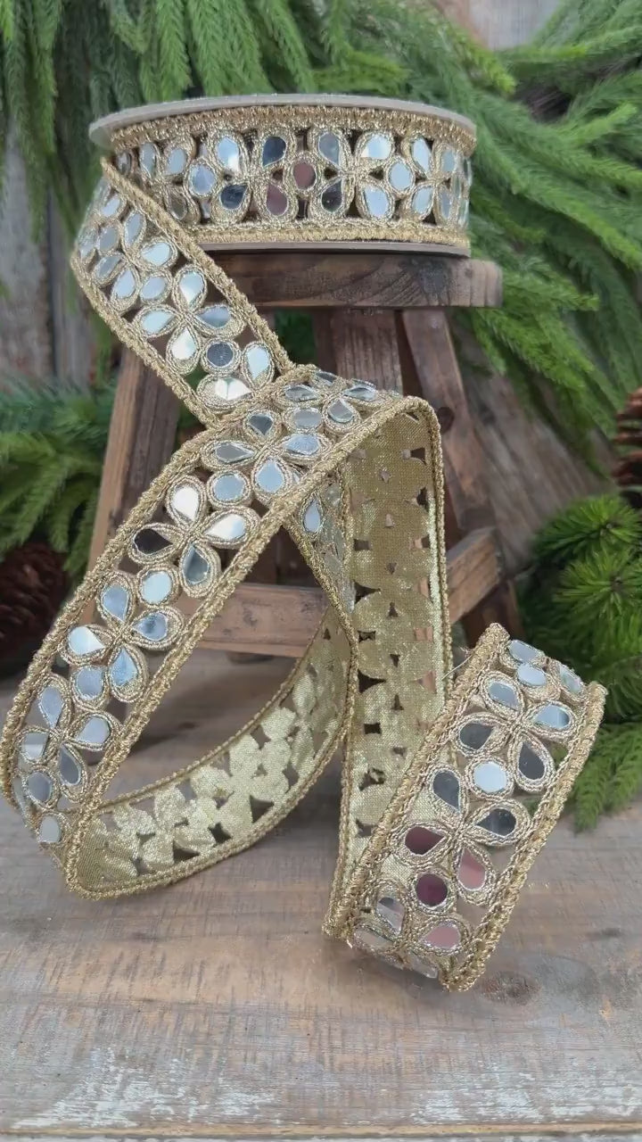 1.5" Jeweled Ribbon, Farrisilk Gold Silver Golden Shard Ribbon