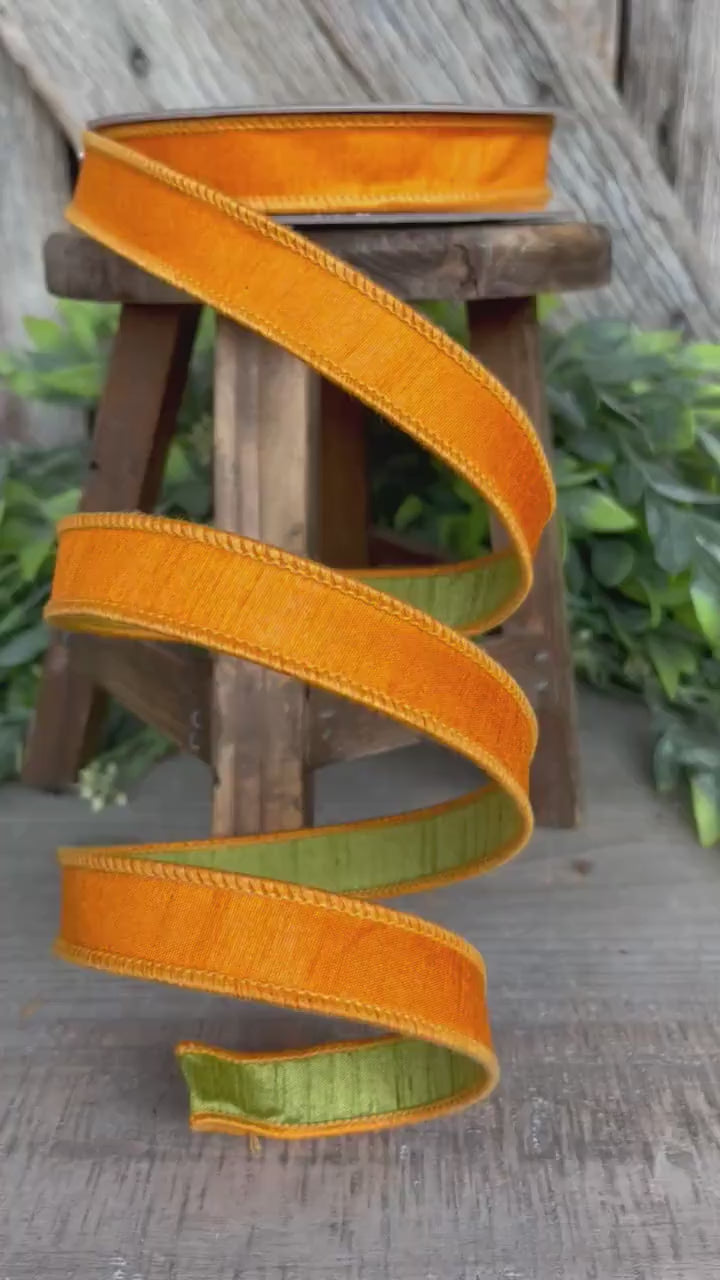 3/4” Orange Green Ribbon, Farrisilk ribbon, wired ribbon