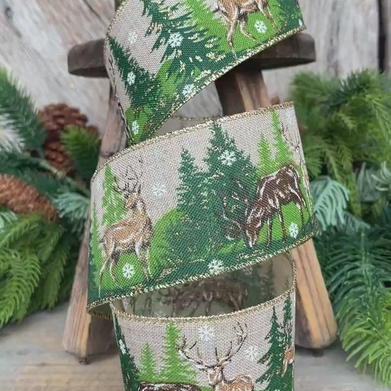 2.5" Woodsy Christmas Ribbon, Reindeer Christmas Ribbon, Pine Trees Ribbon